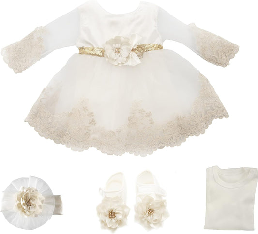 Newborn Baby Girl Lace Dress Set, 4Pc Outfit for Special Occassions