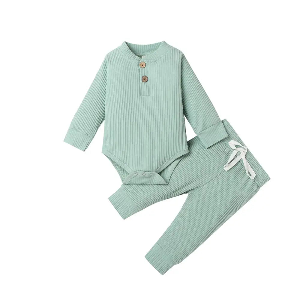 Infant Newborn Baby Girl Boy Spring Autumn Ribbed/Plaid Solid Clothes Sets Long Sleeve Bodysuits + Elastic Pants 2Pcs Outfits